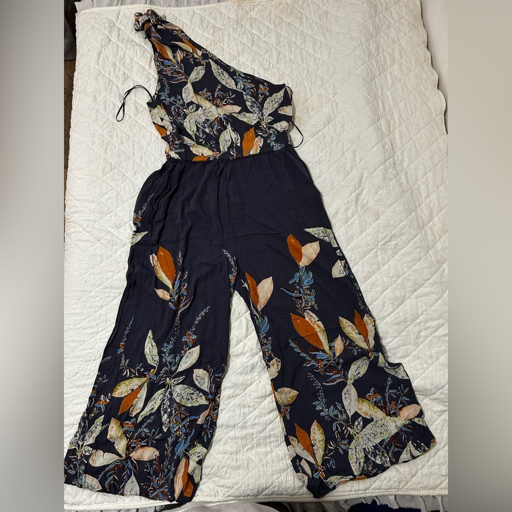 Free People One-Shoulder Floral Jumpsuit in Navy and Orange - Picture 6 of 15